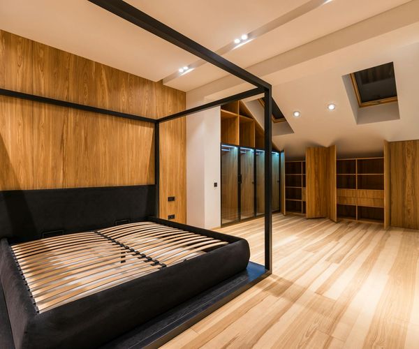 Modern and clean gym interior with natural wood elements and soft light.